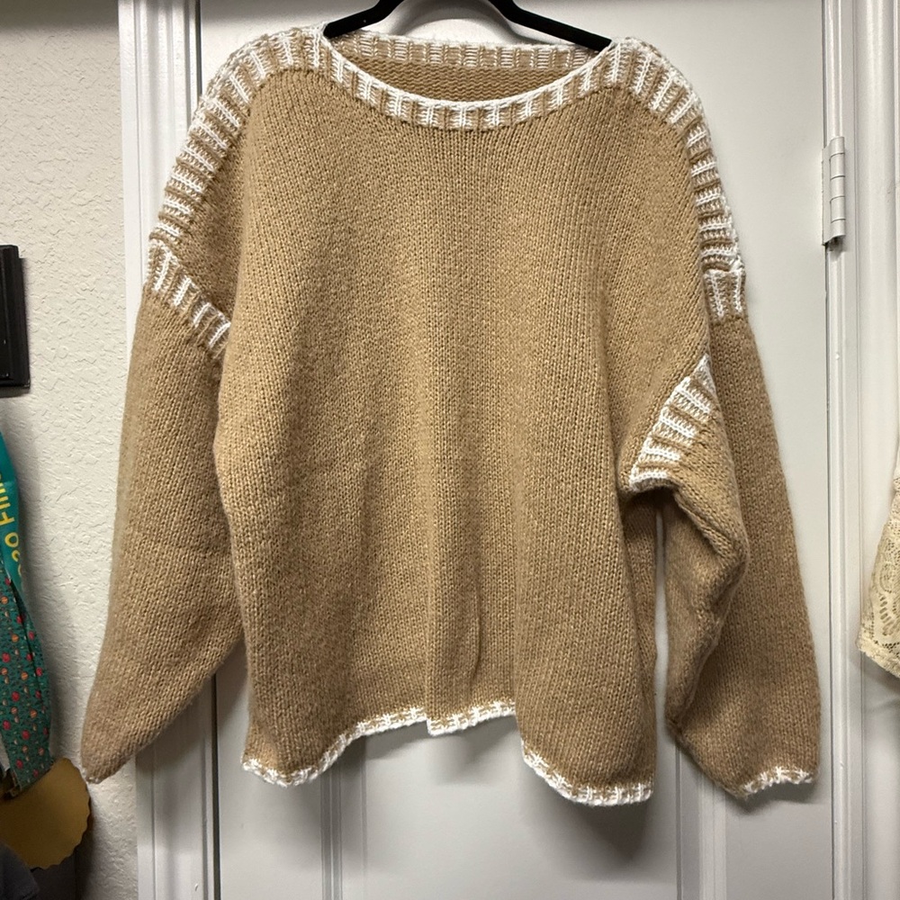 Boutique Tan Knit Sweater – Textured Trim – Cozy Neutral Pullover